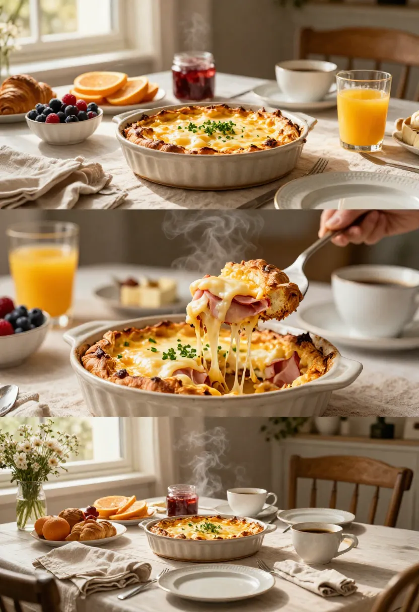 Brunch table with a golden ham and cheese quiche, croissants, berries, orange juice, and coffee in a sunny setting.