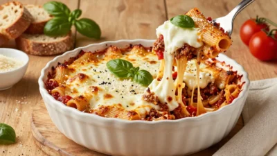 Baked pasta with melted cheese and basil in a white dish, bread slices and cherry tomatoes in the background on a wooden table.