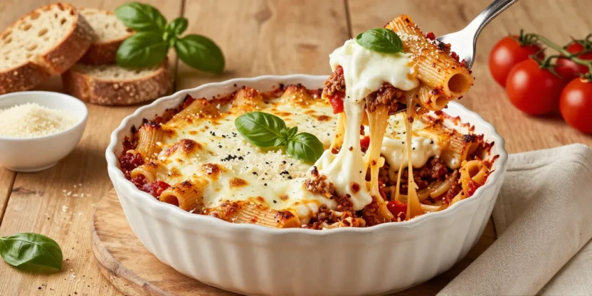 Baked pasta with melted cheese and basil in a white dish, bread slices and cherry tomatoes in the background on a wooden table.