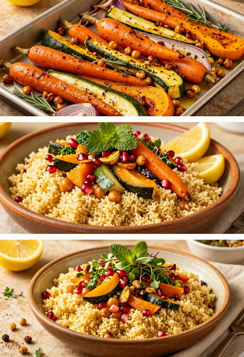 Fresh vegetables and Moroccan spices arranged before preparing roasted vegetable couscous.