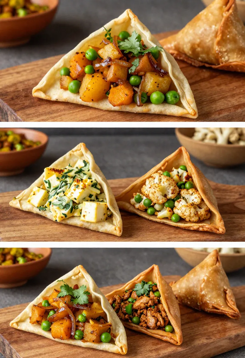 Open samosa wrappers filled with five colorful homemade filling variations before folding and baking.