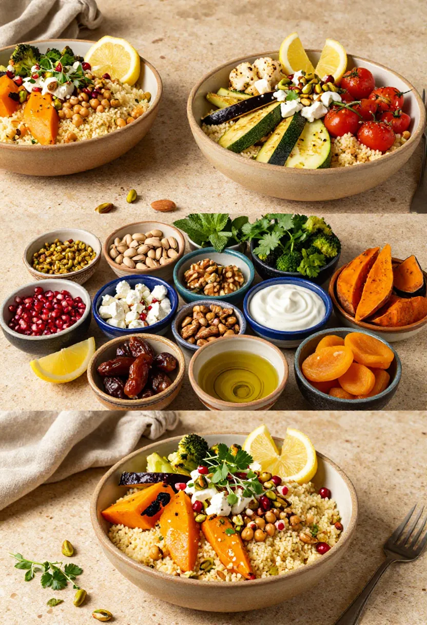 Beautifully plated Moroccan roasted vegetable couscous served as a colorful family-style dinner.