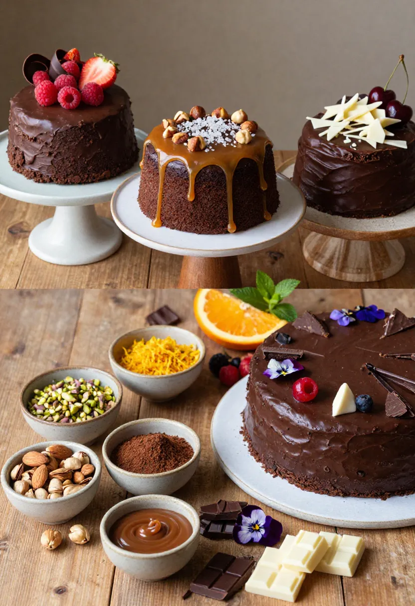Creative no-bake chocolate cake variations with fresh berries, caramel, nuts, and elegant chocolate toppings.