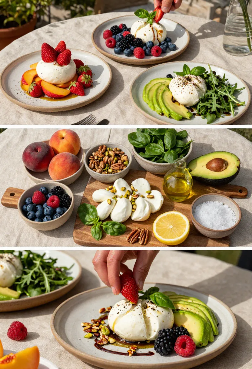 Creative Strawberry Burrata Salad variations with peaches, mixed berries, avocado, toasted nuts, and burrata.