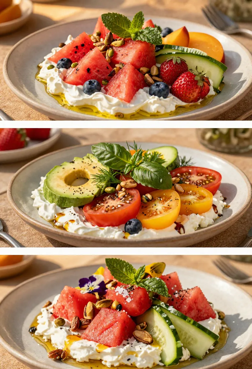 Vertical collage featuring three creative variations of Watermelon Salad with Whipped Feta using seasonal fruit, herbs, nuts, and different cheeses.