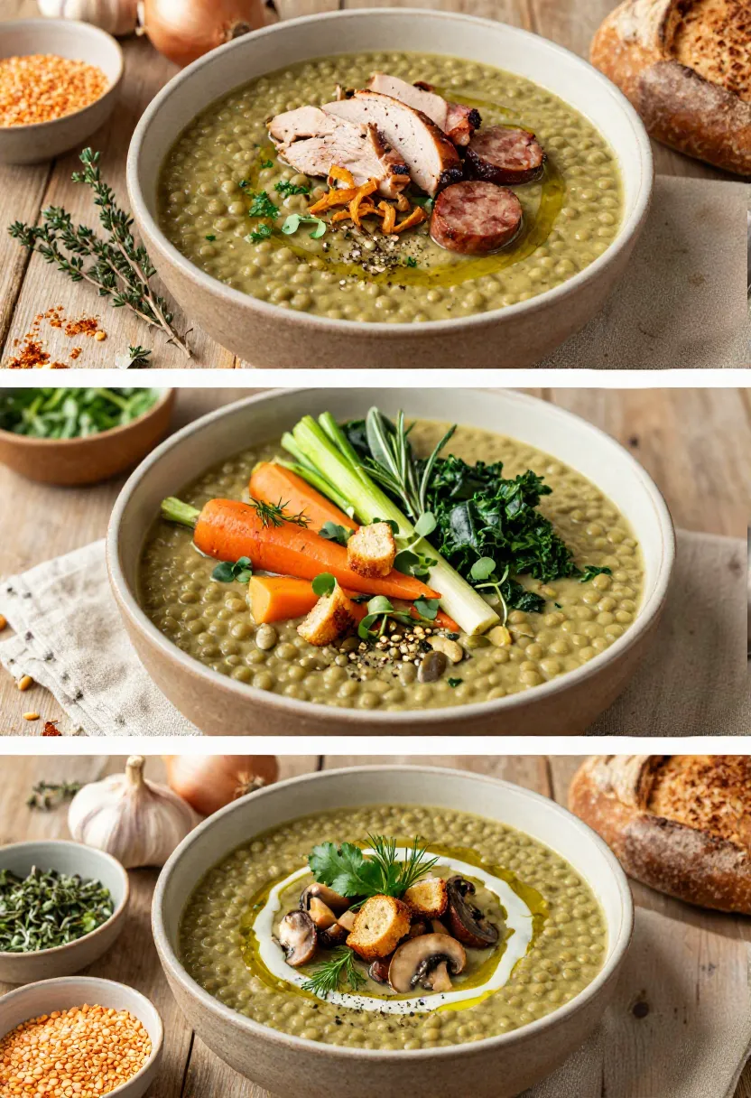 Vertical collage featuring three creative variations of split pea soup with smoked meats, seasonal vegetables, and a hearty vegetarian version.