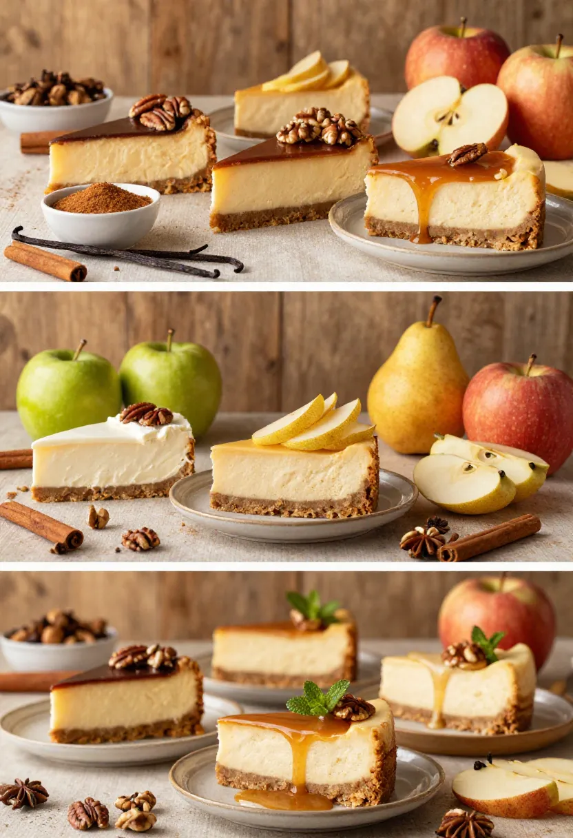 Creative apple cinnamon cheesecake variations with pears, pecans, walnuts, and salted caramel.