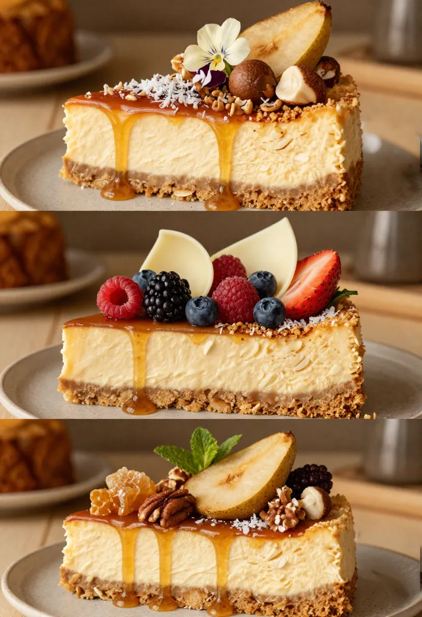 Vertical collage showing three Golden Syrup ANZAC Cheesecake variations with classic Australian, berry and white chocolate, and salted caramel autumn toppings.