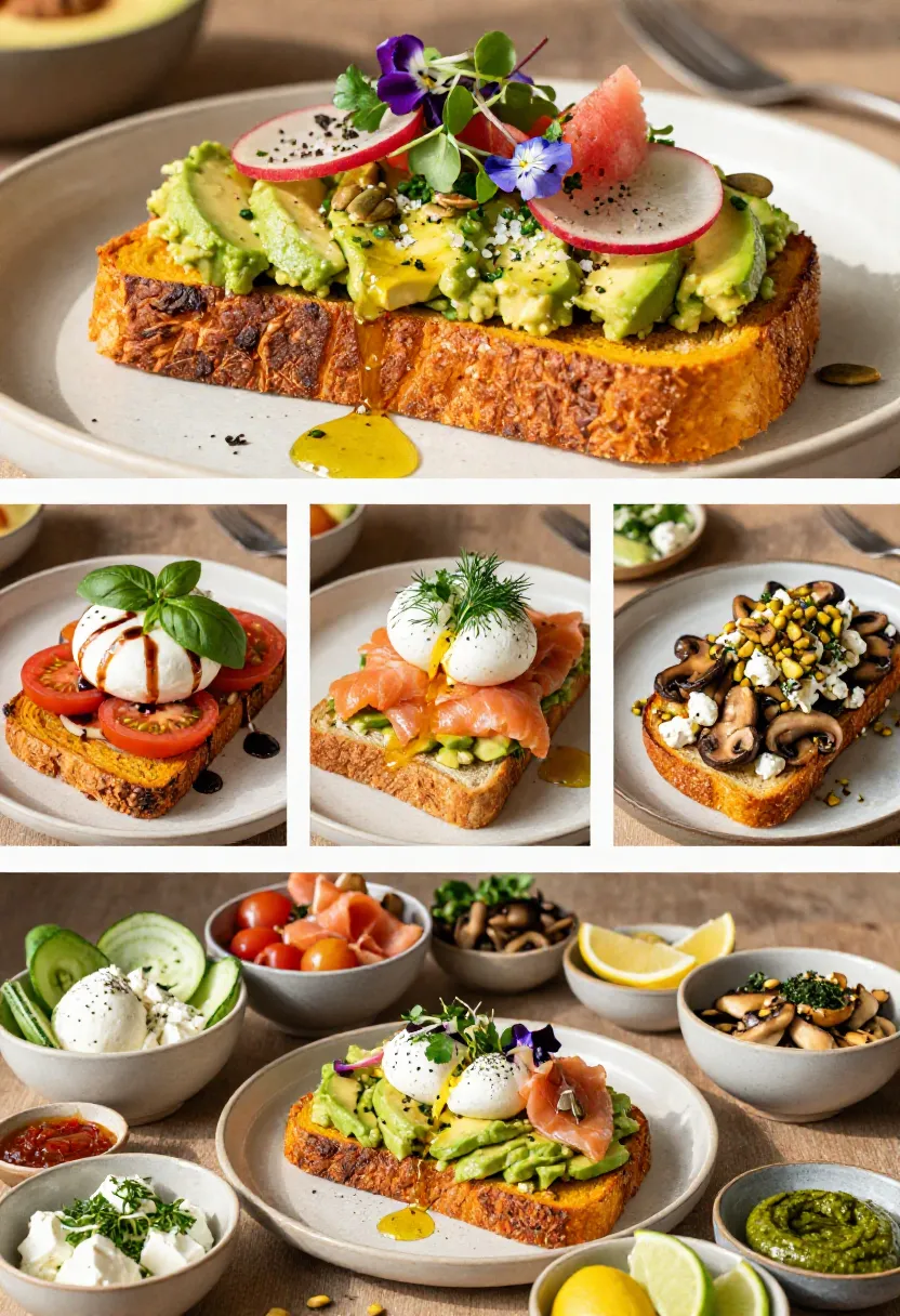 Vertical collage showing classic Avocado Smash on Pumpkin Loaf alongside creative brunch variations with seasonal toppings, cheeses, herbs, and gourmet garnishes.