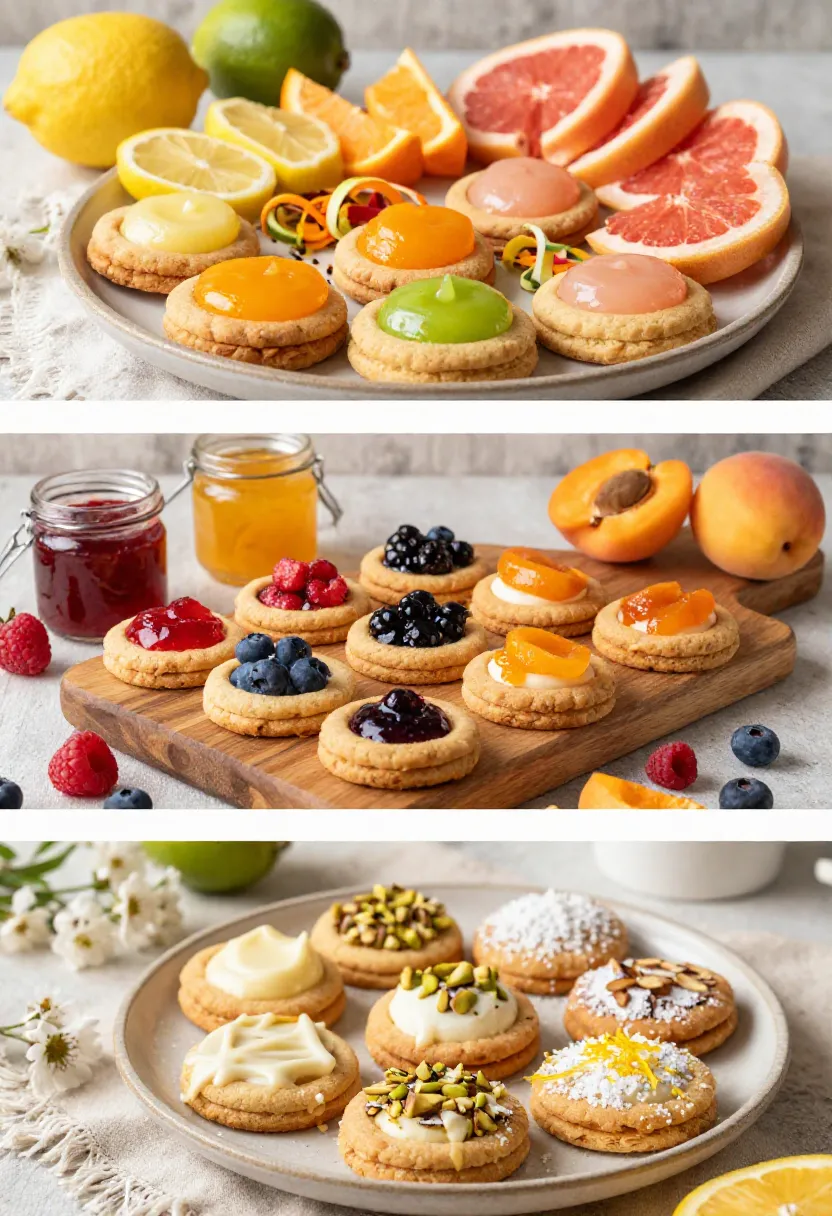 Vertical collage showing lemon thumbprint cookies with citrus curds, fruit jam fillings, and creative toppings including white chocolate, pistachios, and coconut.