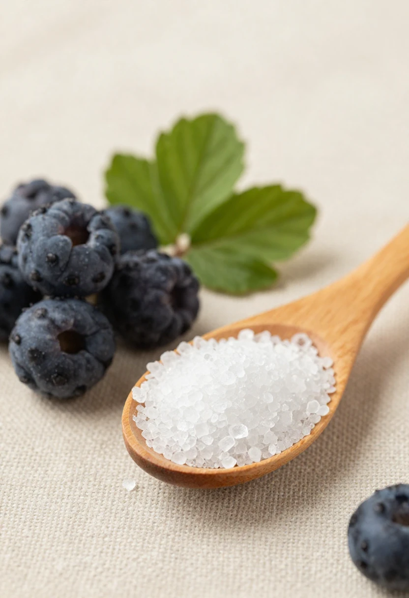 White xylitol crystals in a wooden spoon with berries and fresh leaves.
