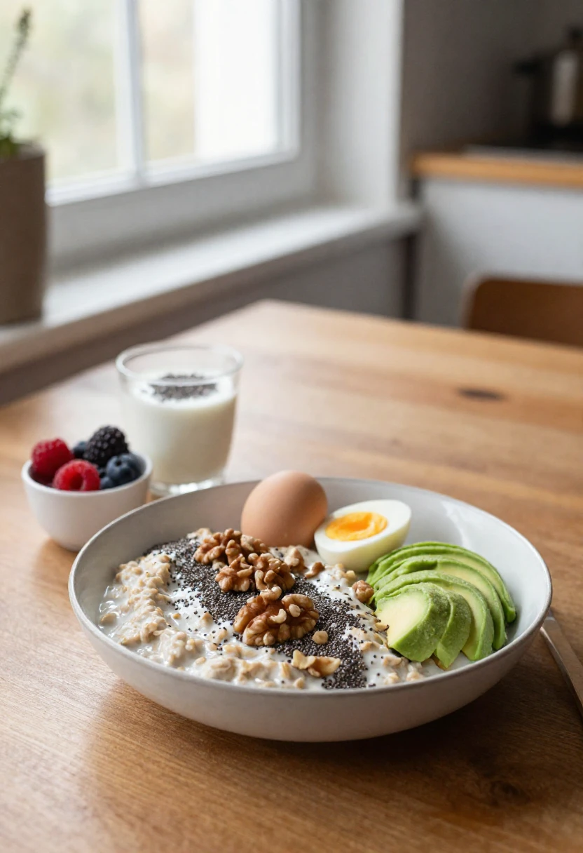Breakfast bowl with oats, chia seeds, walnuts, avocado slices, a halved boiled egg, and a side of berries on a wooden table with a glass of milk nearby.