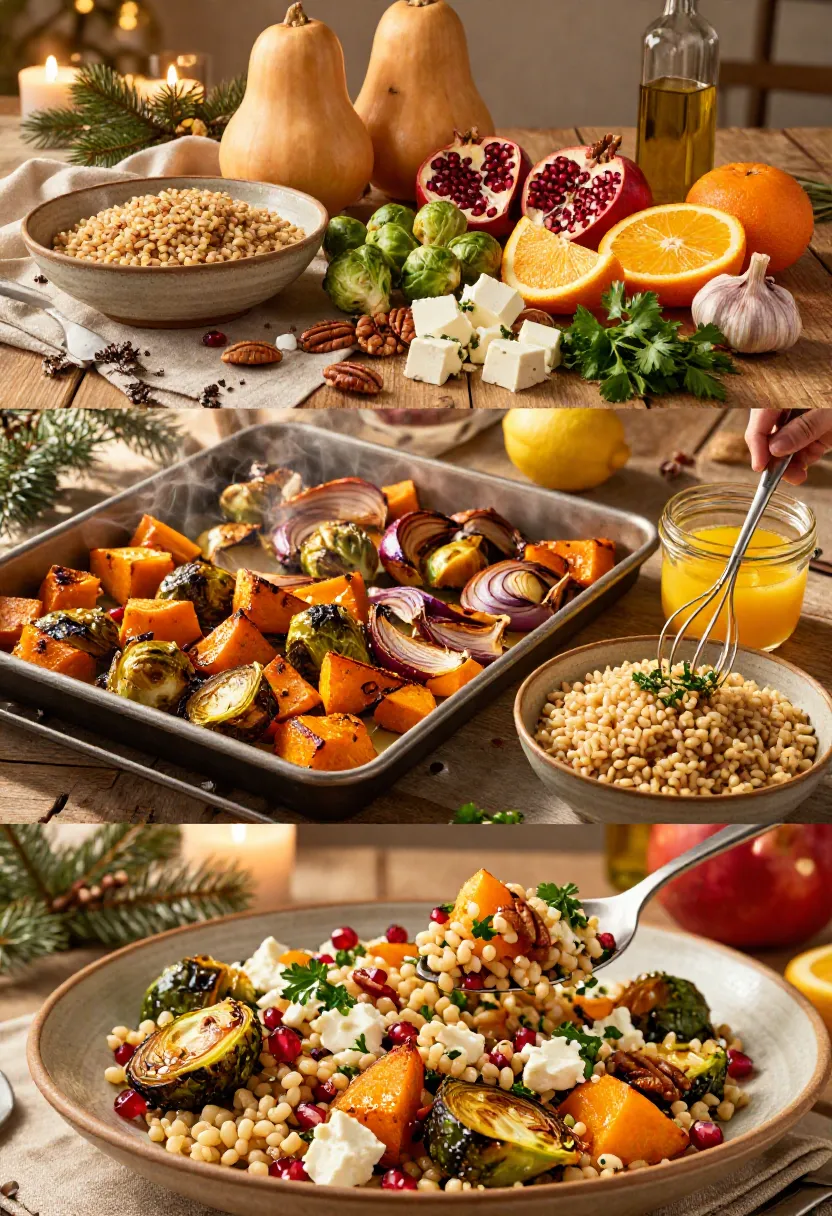 Vertical collage showing fresh winter ingredients, roasted vegetables, and a close-up of Winter Farro Salad with farro, feta, and pomegranate.