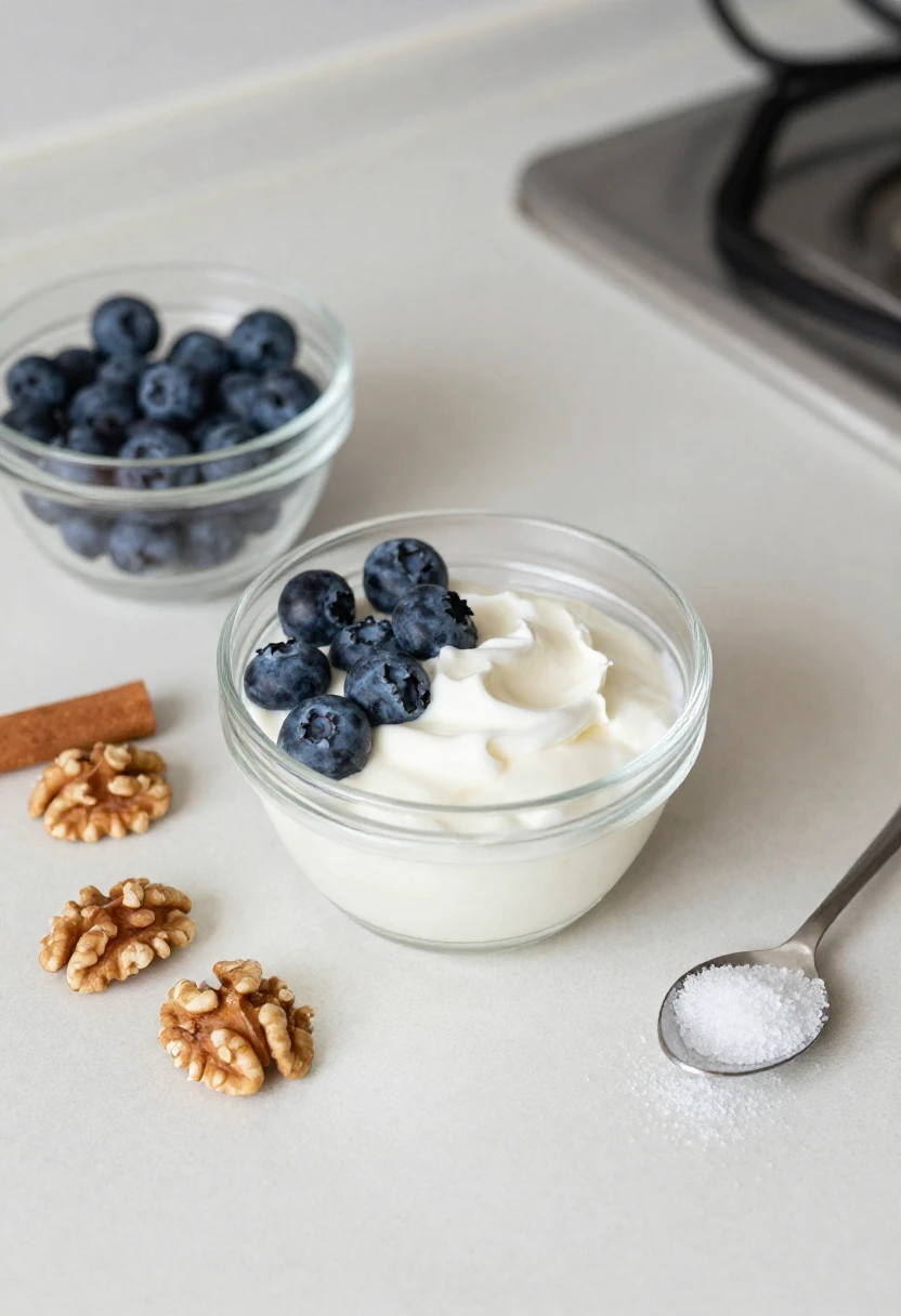 Greek yogurt with berries, walnuts, cinnamon, and a small spoon of xylitol.