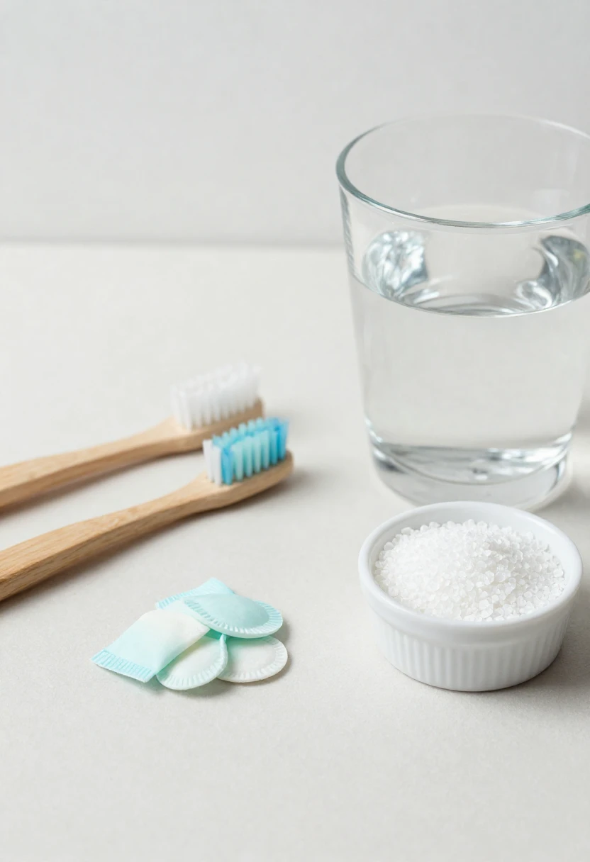 Sugar-free gum, toothbrush, water, and xylitol crystals for dental health.