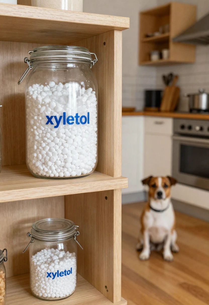 Xylitol stored safely on a high kitchen shelf away from a dog.