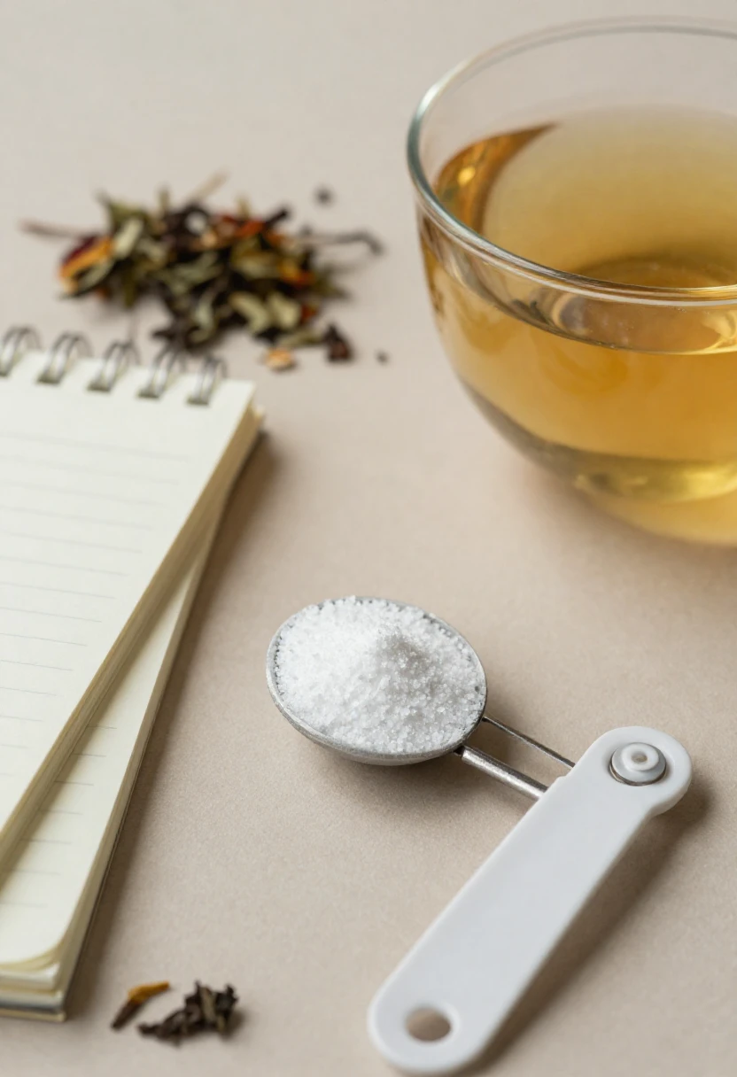 Small measured spoon of xylitol beside herbal tea for mindful use.