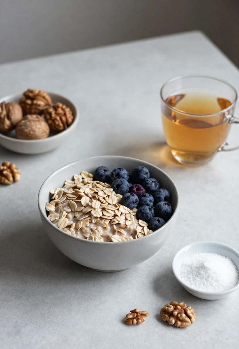 Heart-healthy breakfast foods with a small dish of xylitol on the side.