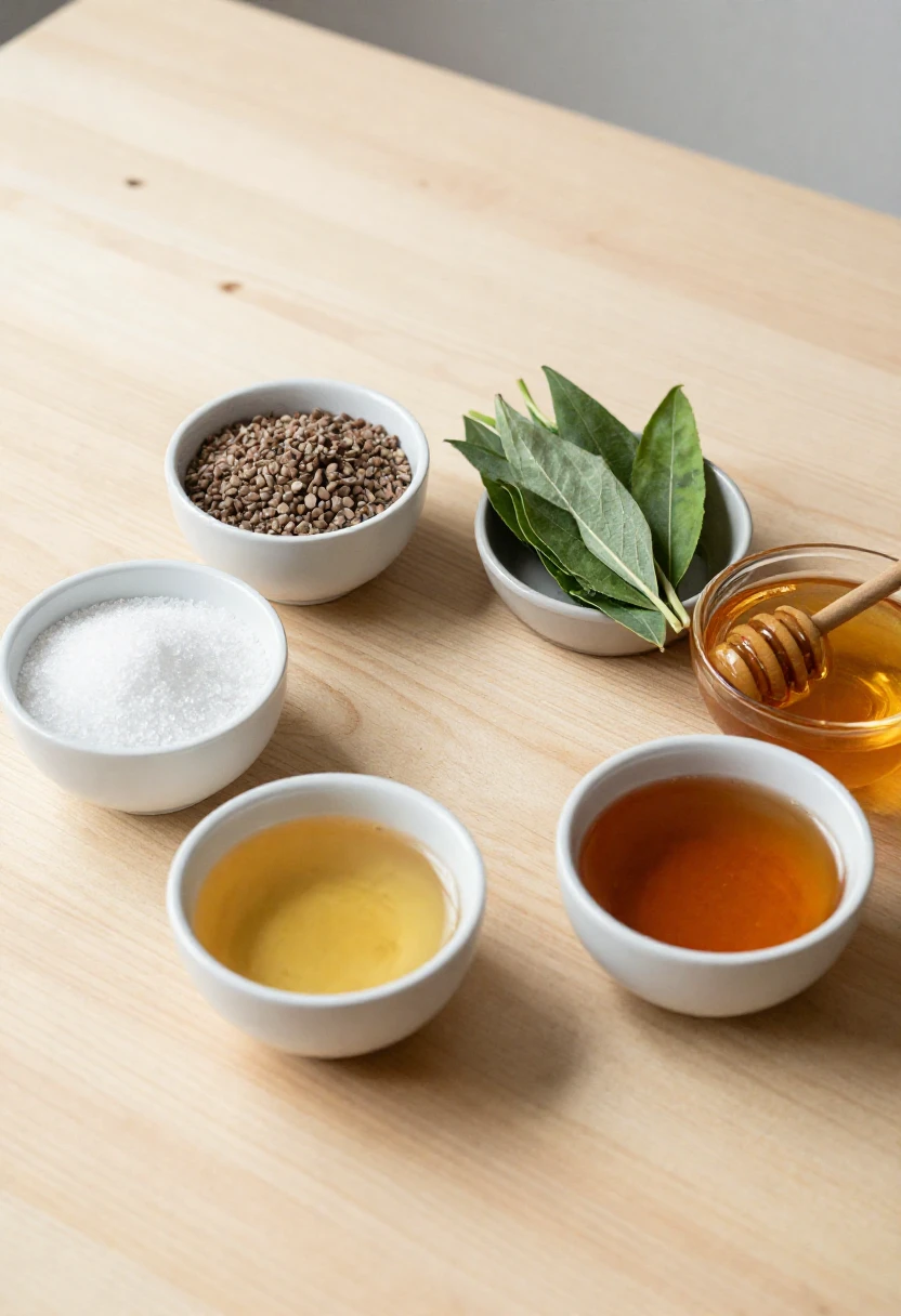 Small bowls of xylitol, sugar, stevia, honey, and maple syrup on a wooden table.