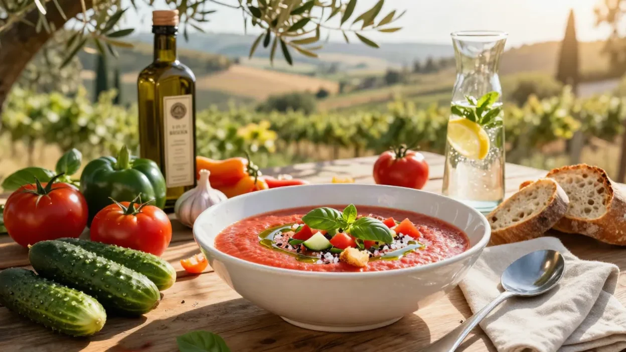Authentic Spanish gazpacho served outdoors with fresh summer vegetables, artisan bread, and olive oil in a Mediterranean countryside setting.