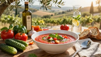 Authentic Spanish gazpacho served outdoors with fresh summer vegetables, artisan bread, and olive oil in a Mediterranean countryside setting.