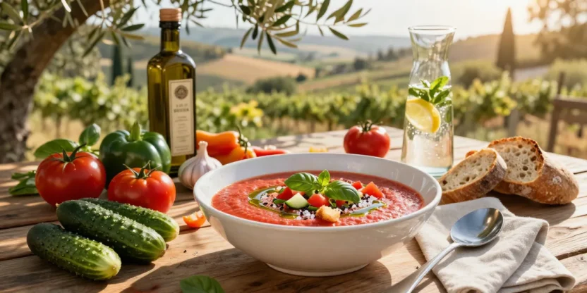 Authentic Spanish gazpacho served outdoors with fresh summer vegetables, artisan bread, and olive oil in a Mediterranean countryside setting.