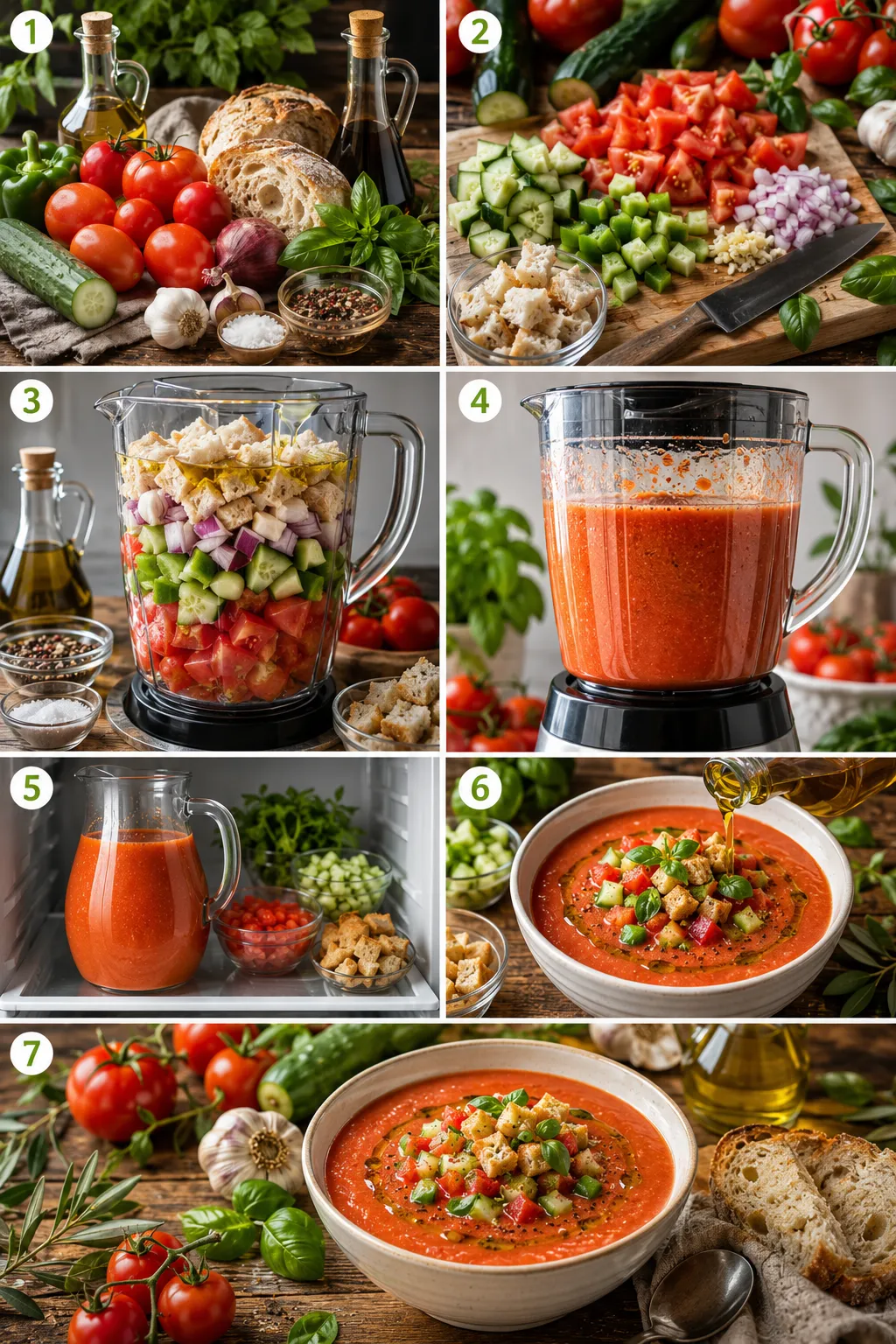 A seven-frame collage showing the step-by-step preparation of authentic gazpacho, from chopping fresh vegetables to blending, chilling, garnishing, and serving the finished Spanish soup.