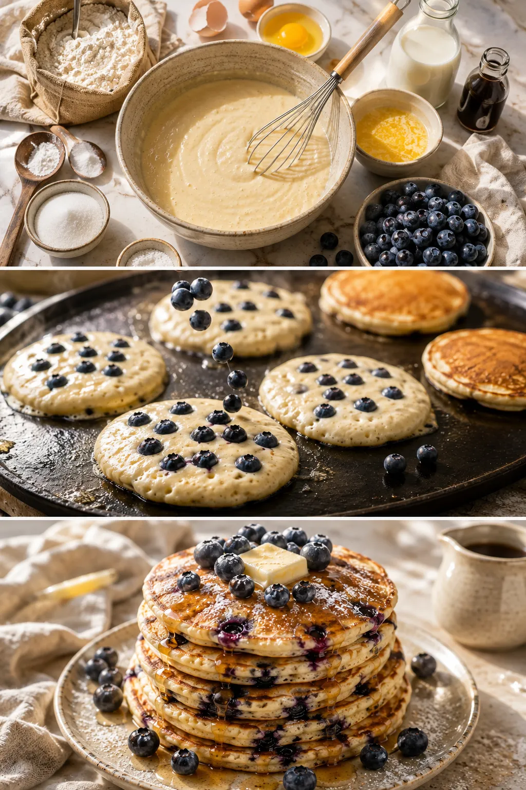 Top: batter and baking ingredients; middle: blueberry pancakes cooking on a griddle; bottom: stack of blueberry pancakes with butter and syrup.