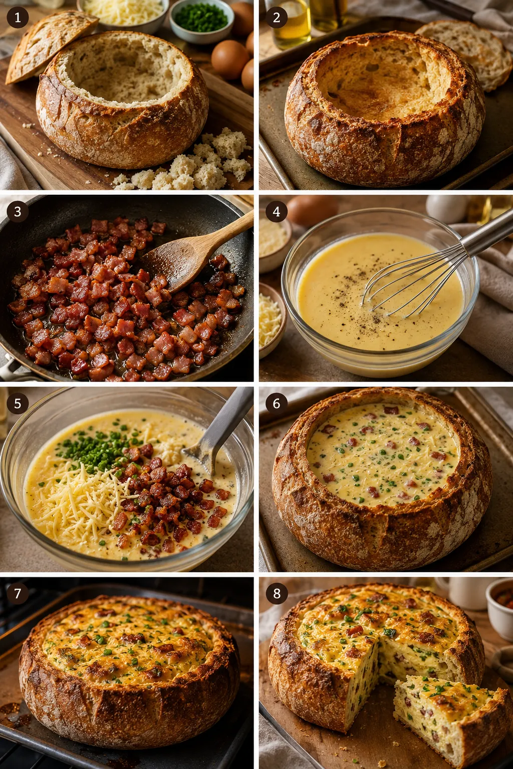 Round rustic bread loaf hollowed to make a bread bowl, with crumbles around it on a wooden board and ingredients in the background (panel 1).