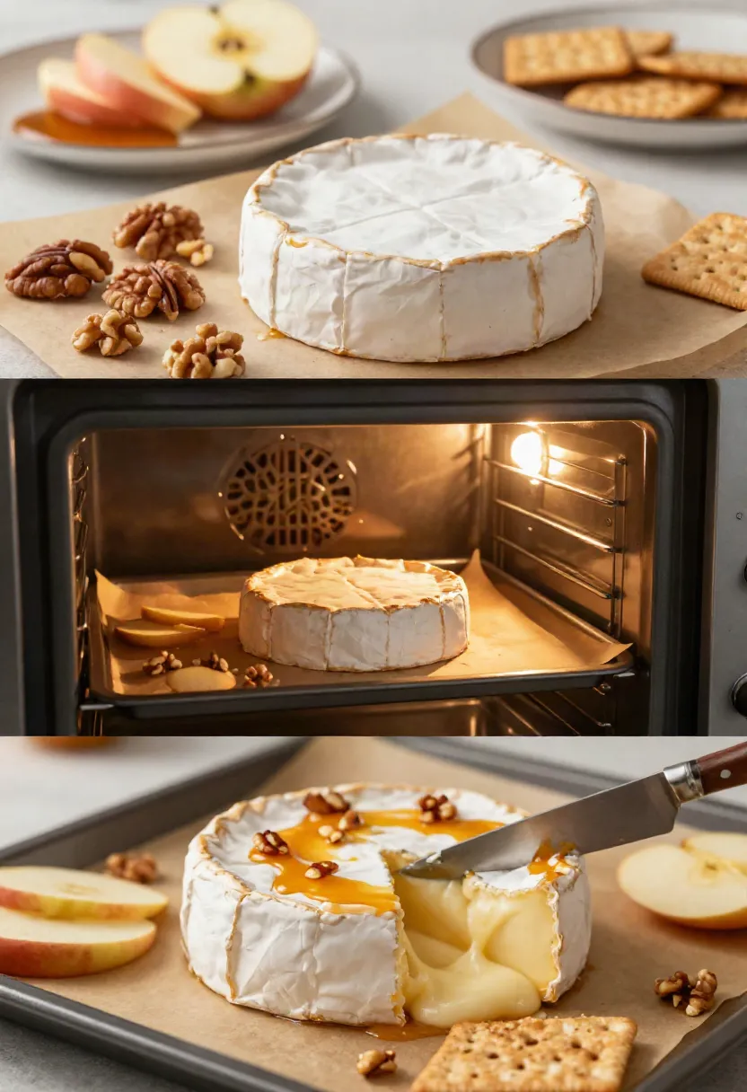 Wheel of Brie on parchment with walnuts, apple slices, and crackers, ready for baking or serving as a cheese board centerpiece.
