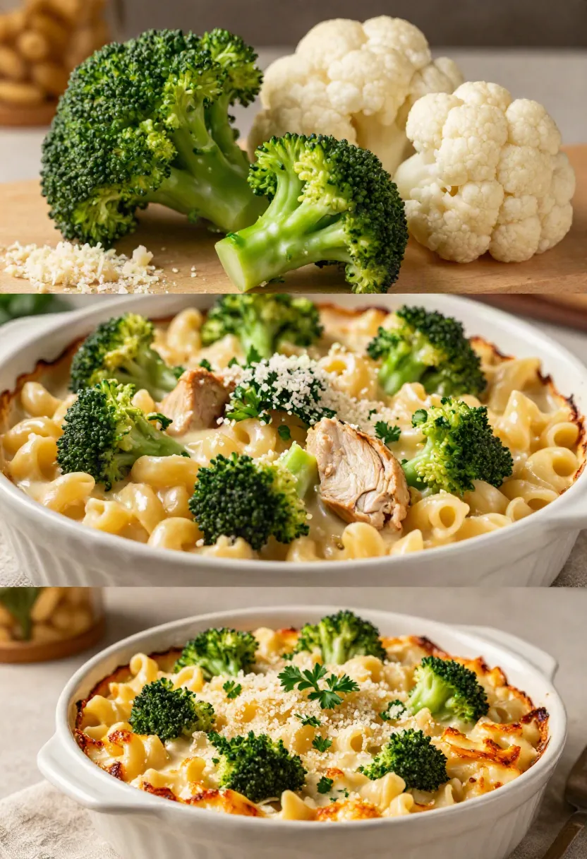 Fresh broccoli, cauliflower, macaroni, and roast chicken prepared for a creamy homemade mac and cheese.