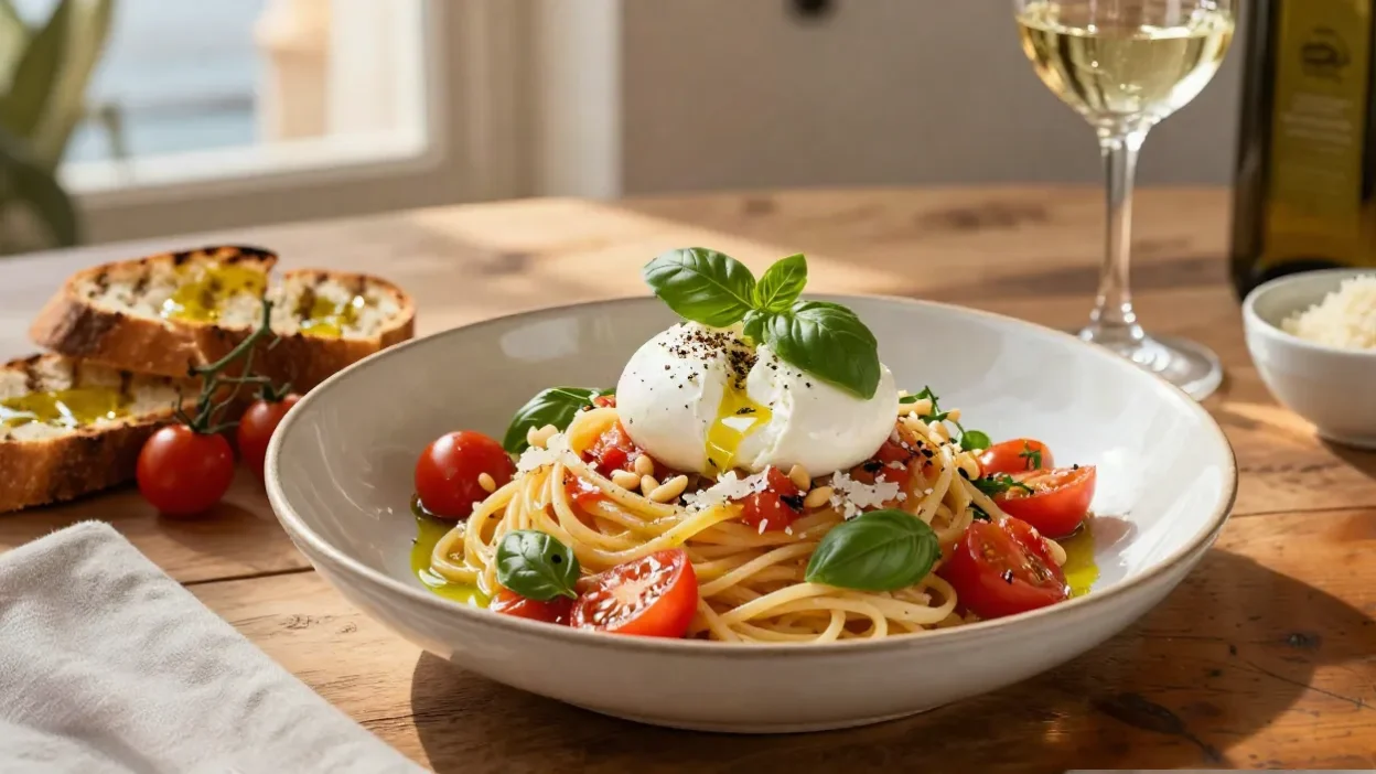 Restaurant-style bruschetta pasta with ripe tomatoes, basil, burrata, Parmesan, and olive oil served in an elegant ceramic bowl.