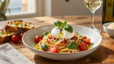 Restaurant-style bruschetta pasta with ripe tomatoes, basil, burrata, Parmesan, and olive oil served in an elegant ceramic bowl.