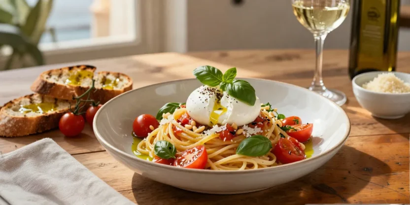 Restaurant-style bruschetta pasta with ripe tomatoes, basil, burrata, Parmesan, and olive oil served in an elegant ceramic bowl.