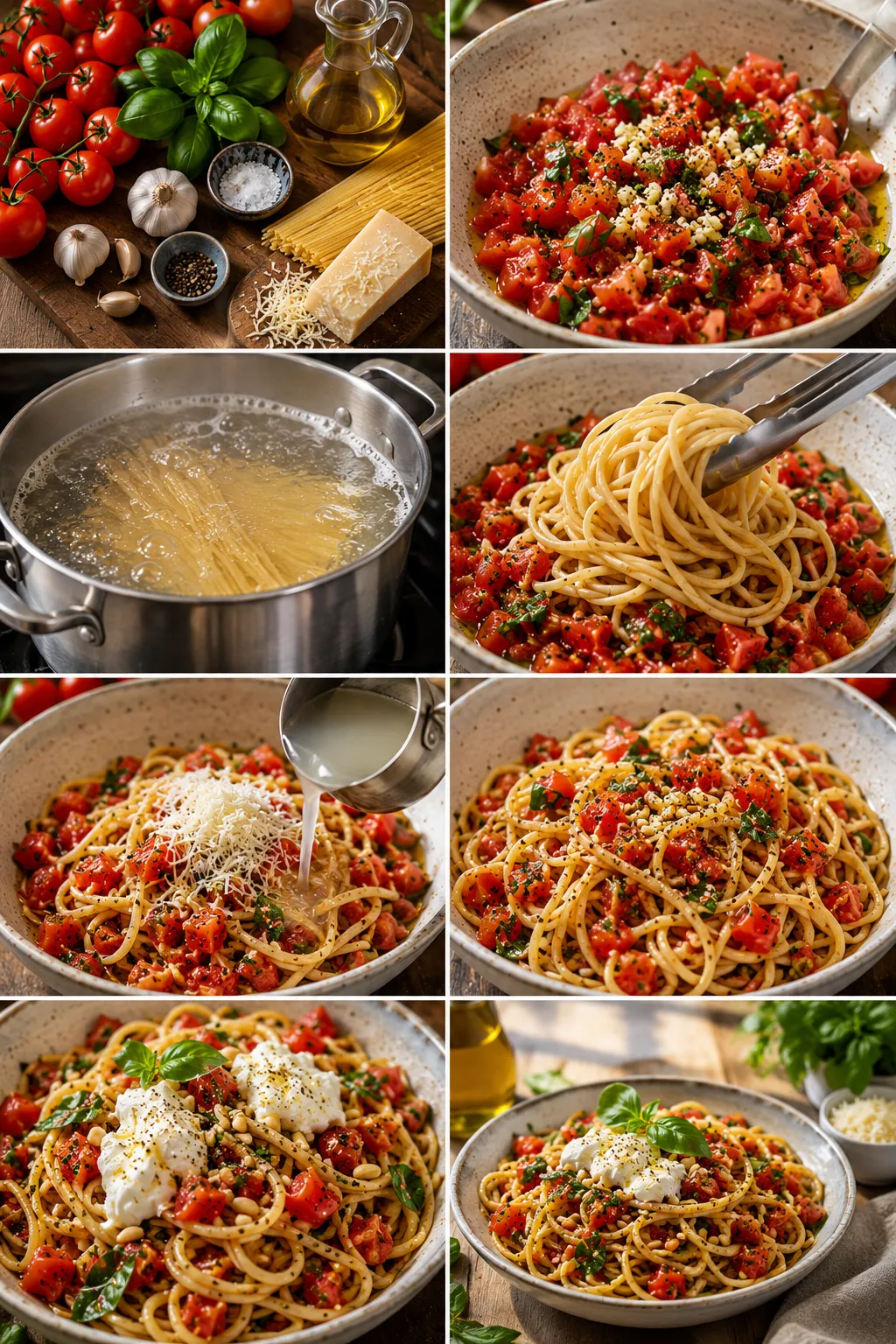 A step-by-step collage showing the preparation of bruschetta pasta from fresh tomatoes and basil to the finished Italian dish.