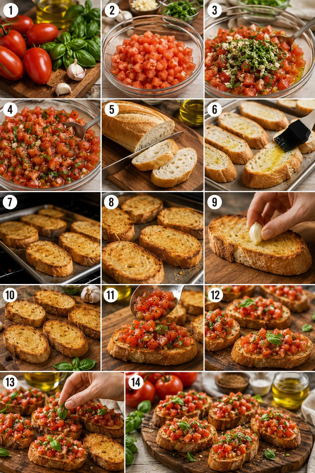 Step-by-step collage showing fresh ingredients, toasted bread, tomato topping, and finished homemade bruschetta.