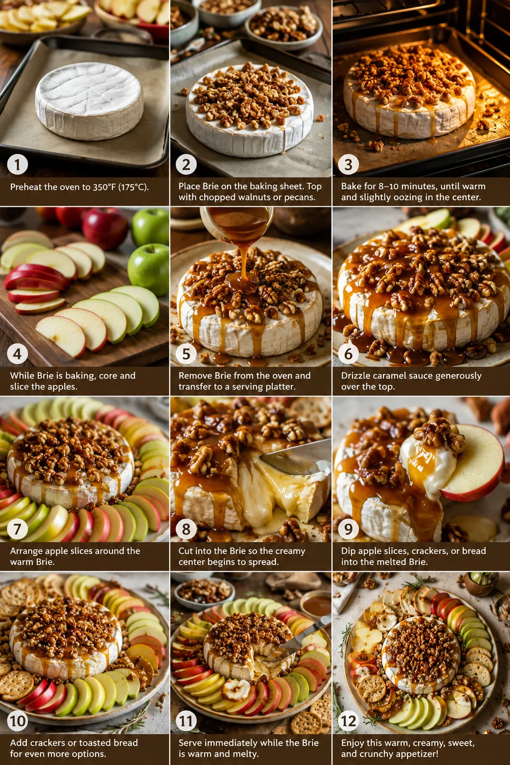 Crisp red and green apple slices arranged around warm caramel baked Brie with crackers and toasted nuts.