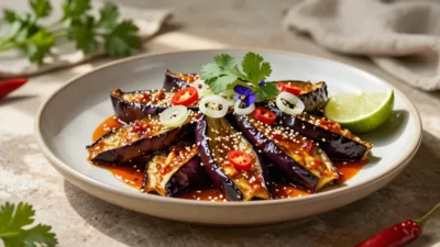 Restaurant-style chilli eggplant garnished with fresh herbs, sesame seeds, and red chilies on an elegant ceramic plate.