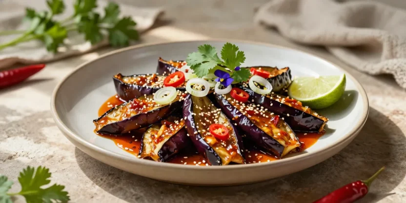 Restaurant-style chilli eggplant garnished with fresh herbs, sesame seeds, and red chilies on an elegant ceramic plate.