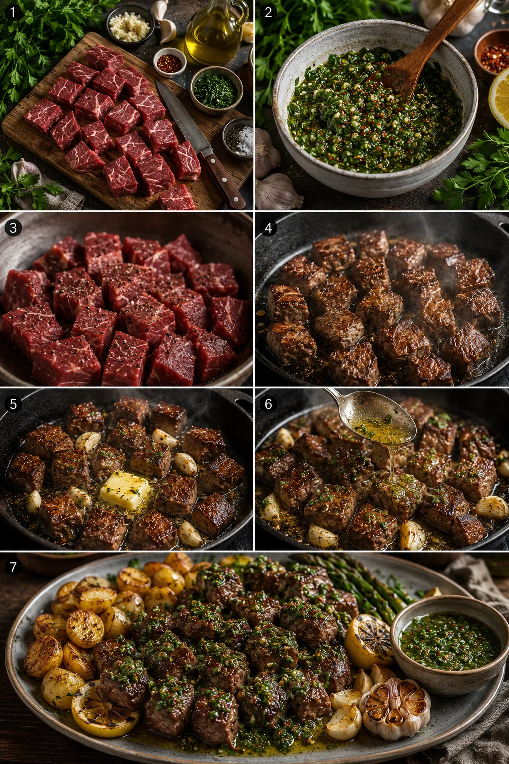 Serving collage of chimichurri steak bites with roasted potatoes, fresh salads, grilled vegetables, and artisan bread.