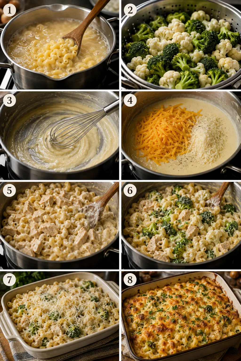Golden chicken mac and cheese with broccoli and cauliflower served with a fresh green salad and lemon dressing.