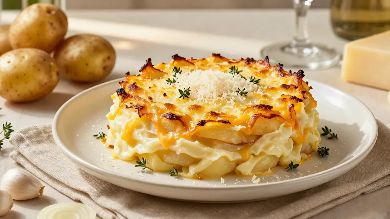 Main image: Golden cheesy scalloped potatoes layered with creamy garlic sauce and fresh thyme.