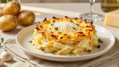 Main image: Golden cheesy scalloped potatoes layered with creamy garlic sauce and fresh thyme.
