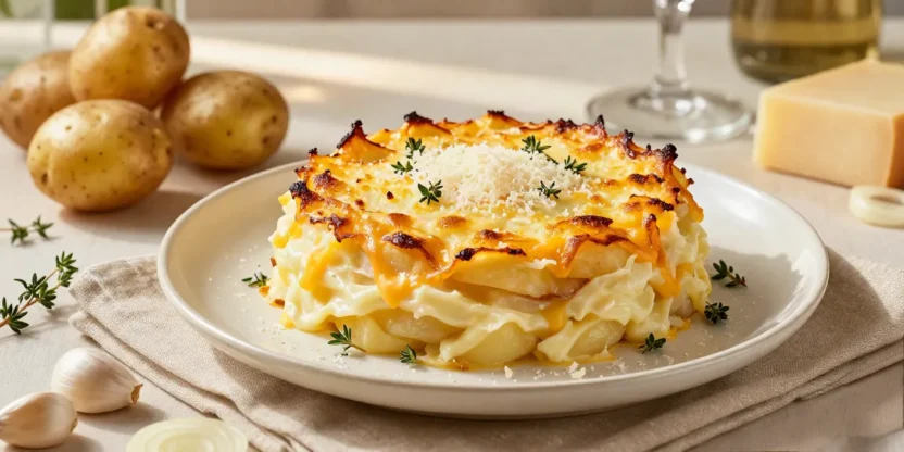 Main image: Golden cheesy scalloped potatoes layered with creamy garlic sauce and fresh thyme.