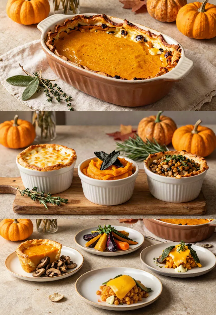 Three distinct pumpkin shepherd's pie variations: classic beef, vegetarian lentil and mushroom, and cheesy sweet potato with turkey.