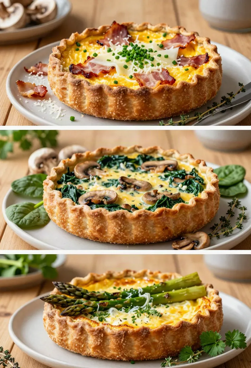 Easy ways to make it your own: Sourdough quiche variations with different fillings including mushrooms, spinach, asparagus, roasted peppers, and cheese.