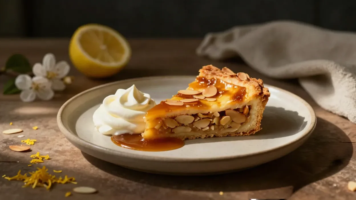 Golden egg yolk and almond tart with lemon caramel, whipped sour cream, toasted almonds, and fresh lemon zest.