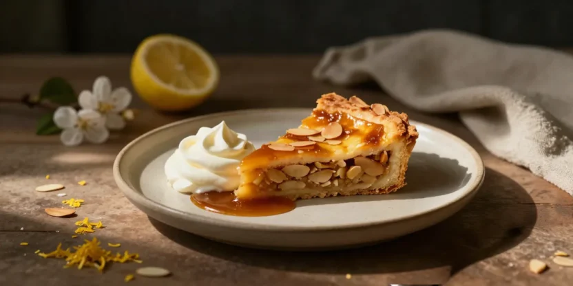 Golden egg yolk and almond tart with lemon caramel, whipped sour cream, toasted almonds, and fresh lemon zest.