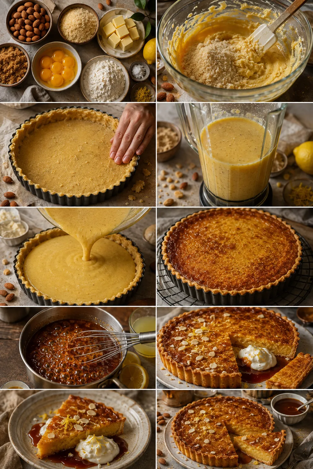 Freshly baked almond tart with a deeply caramelized golden surface and visible almond texture.