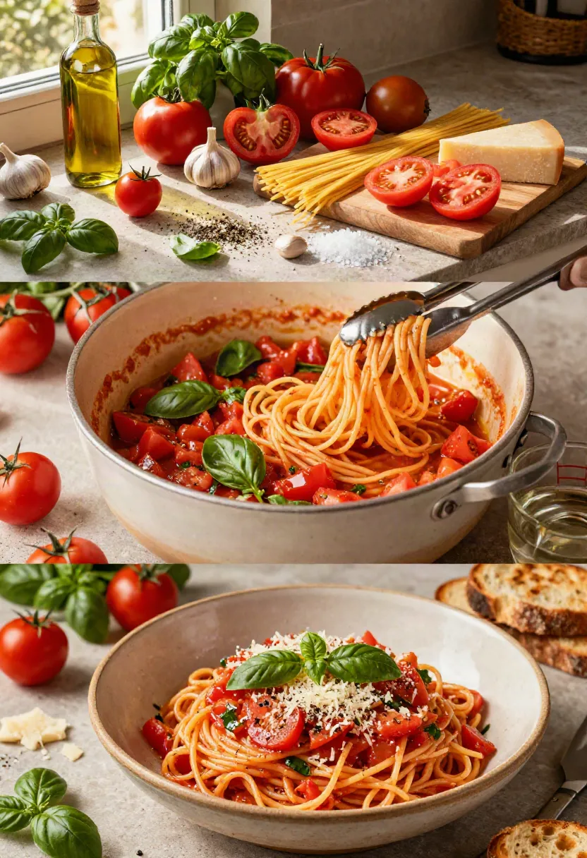 A three-stage collage showing fresh bruschetta pasta ingredients, tomatoes marinating with basil, and the finished Italian pasta dish.